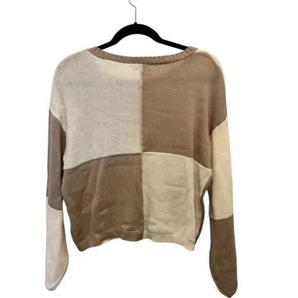 🍒 2/$20 🍒 Tan and Ivory Color Block Sweater with Balloon Sleeves sz Small - Picture 5 of 6